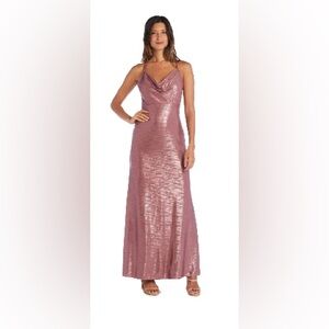 Morgan & Co Size 9 Mauve Metallic Shimmer Adjustable Spaghetti Strap Maxi Dress